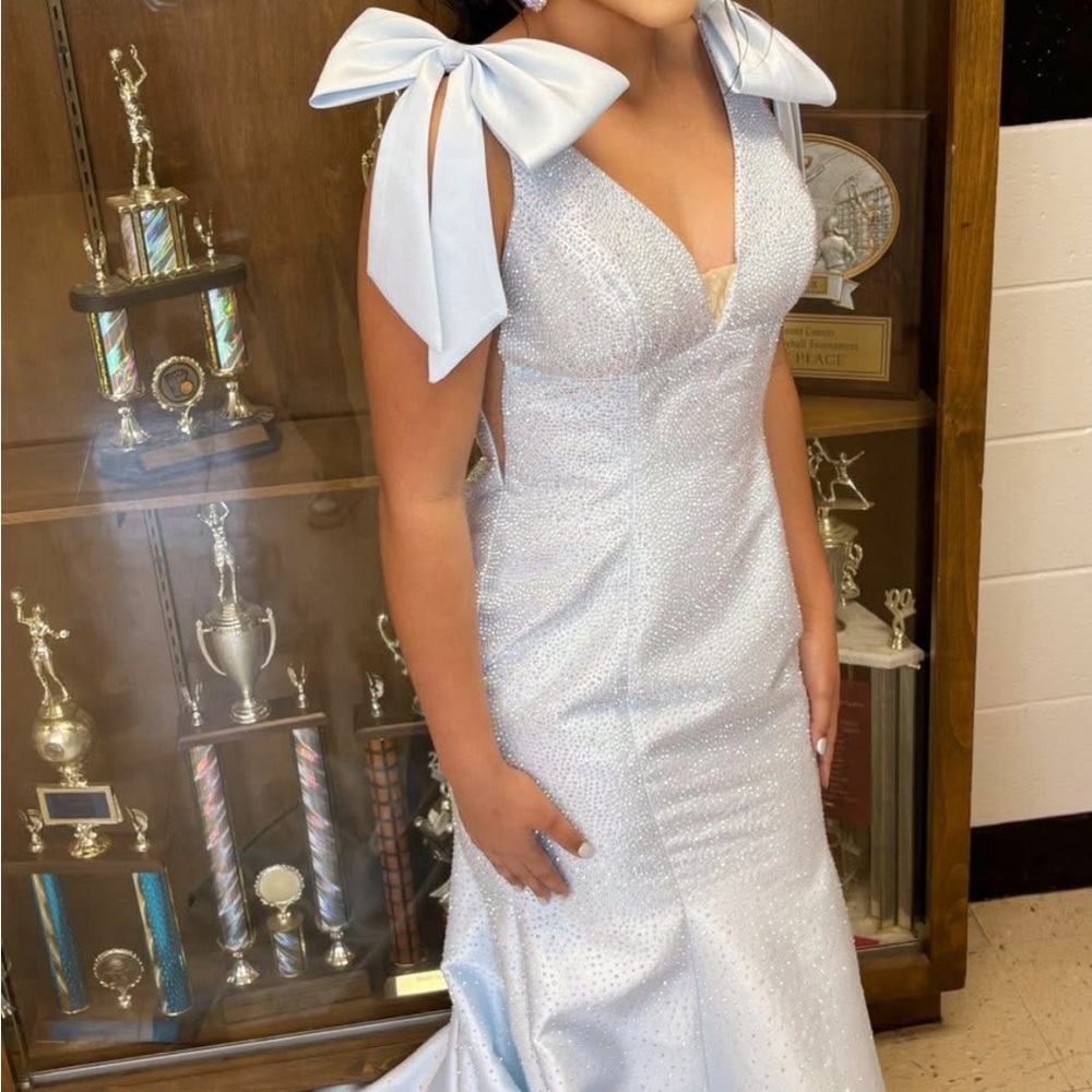 Sherri Hill Pale Blue Bow-Shoulder Prom Gown